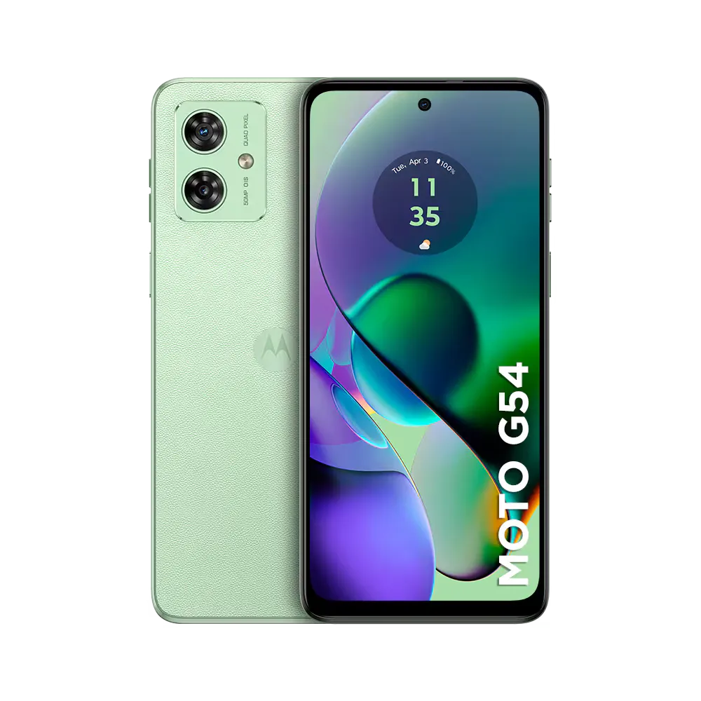 Smartphone Motorola Moto G54 verde com design moderno, câmera dupla e tela ampla com bordas finas.