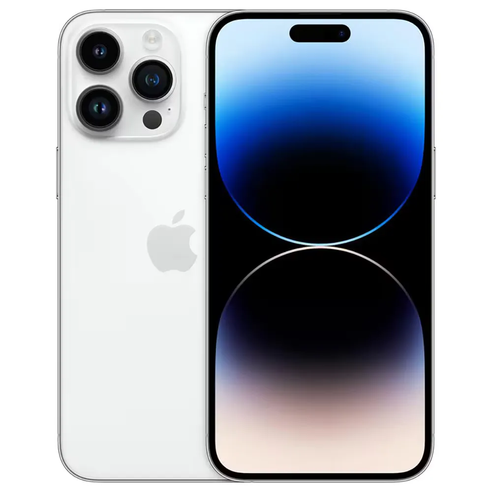 Imagem do iPhone 14 Pro Max na cor branca, destacando o design sofisticado e a tela de alta resolução.