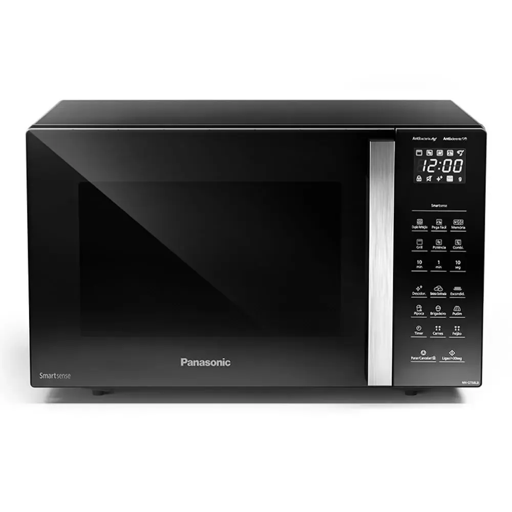 Micro-ondas Panasonic de 30 litros, cor preta, com painel digital completo e design elegante.