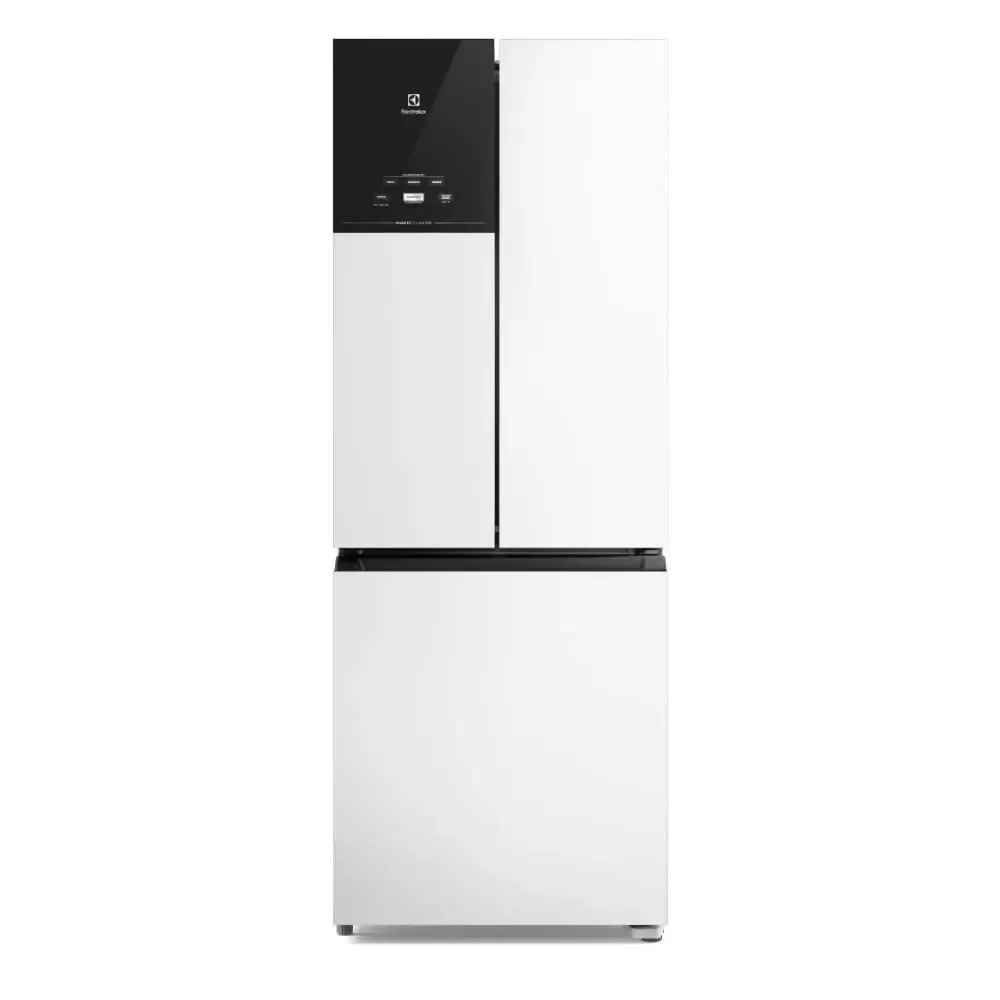 Geladeira Electrolux 3 portas na cor branca, com freezer inferior, painel digital touch e design moderno.