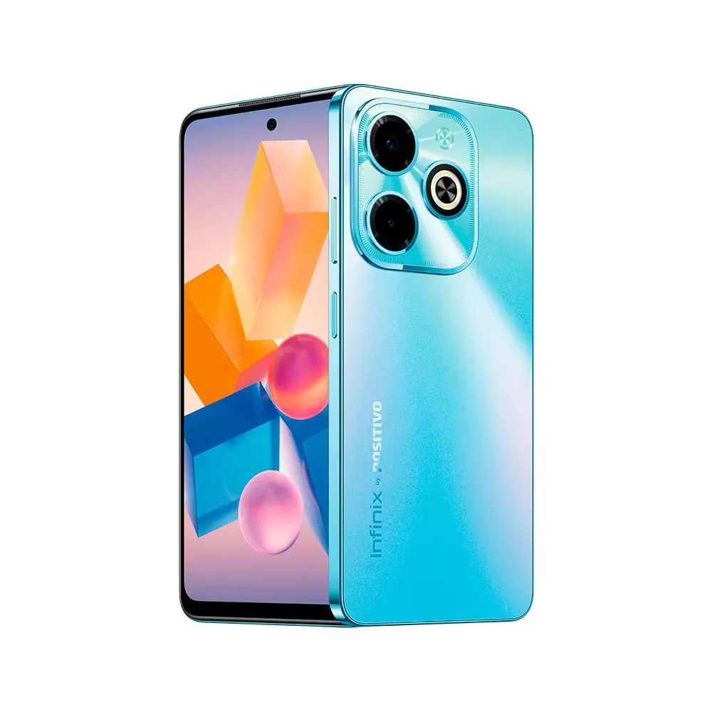 Smartphone Infinix by Positivo na cor azul com design moderno, câmera tripla e tela ampla.