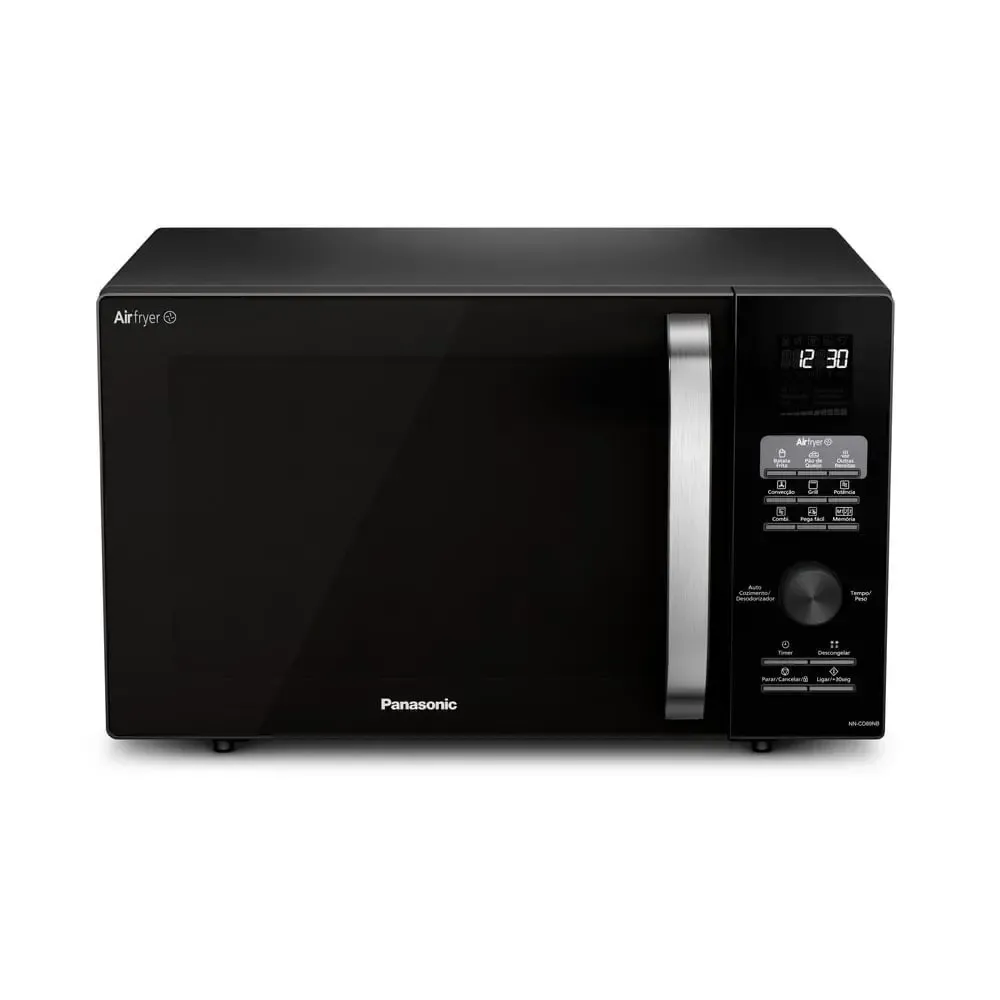 Micro-ondas Panasonic com função Airfryer, acabamento preto elegante e painel digital intuitivo.