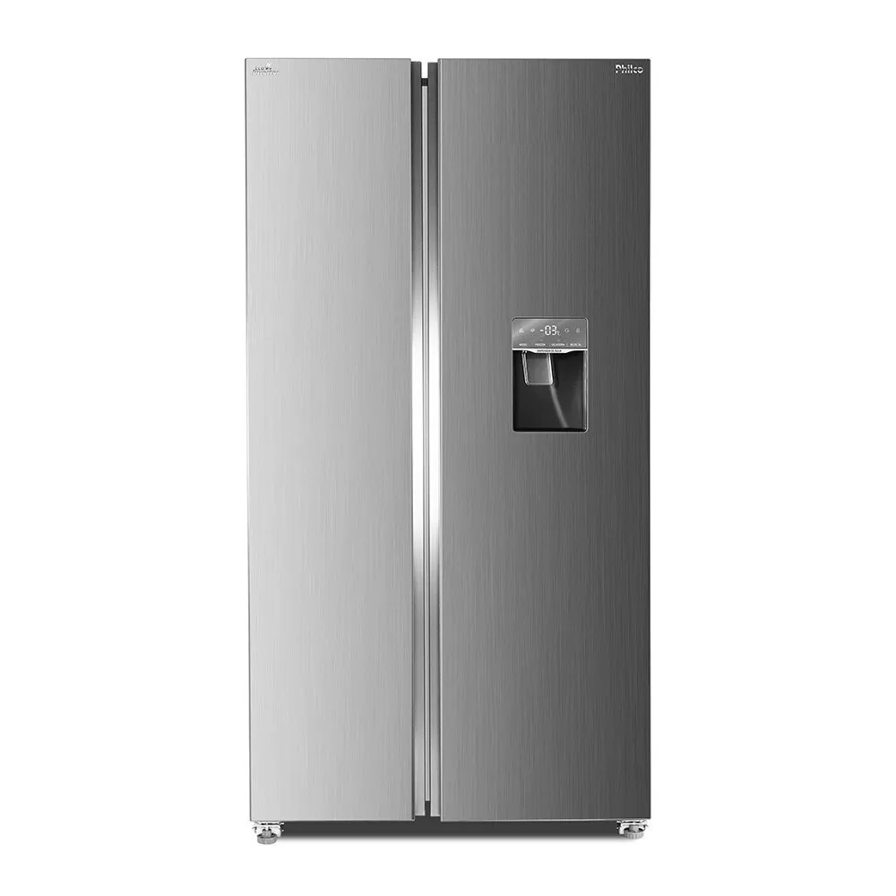 Geladeira Side by Side em inox com dispenser de água integrado e painel digital moderno.