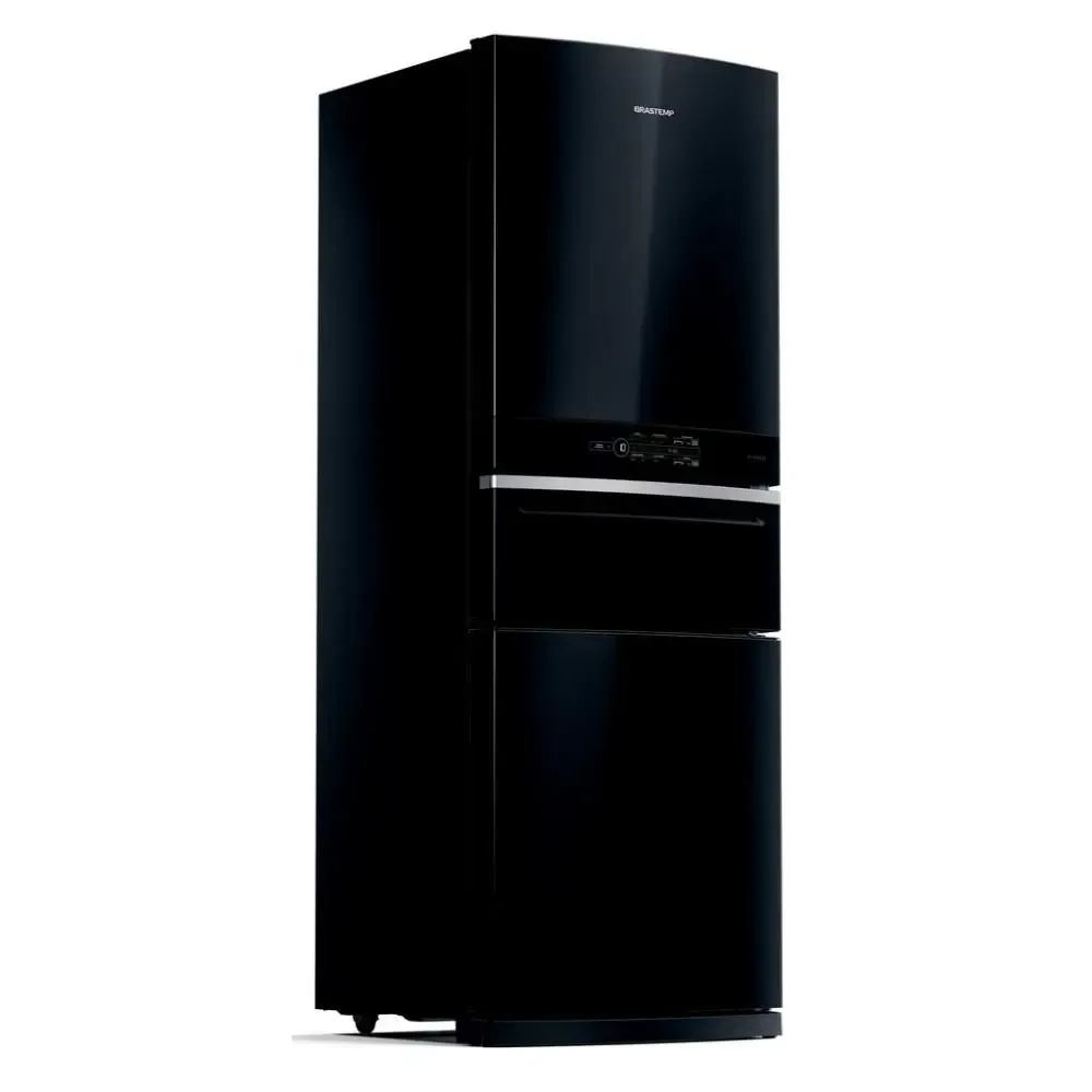 Geladeira Brastemp preta de 3 portas, com compartimento de freezer inferior, painel digital e acabamento moderno.