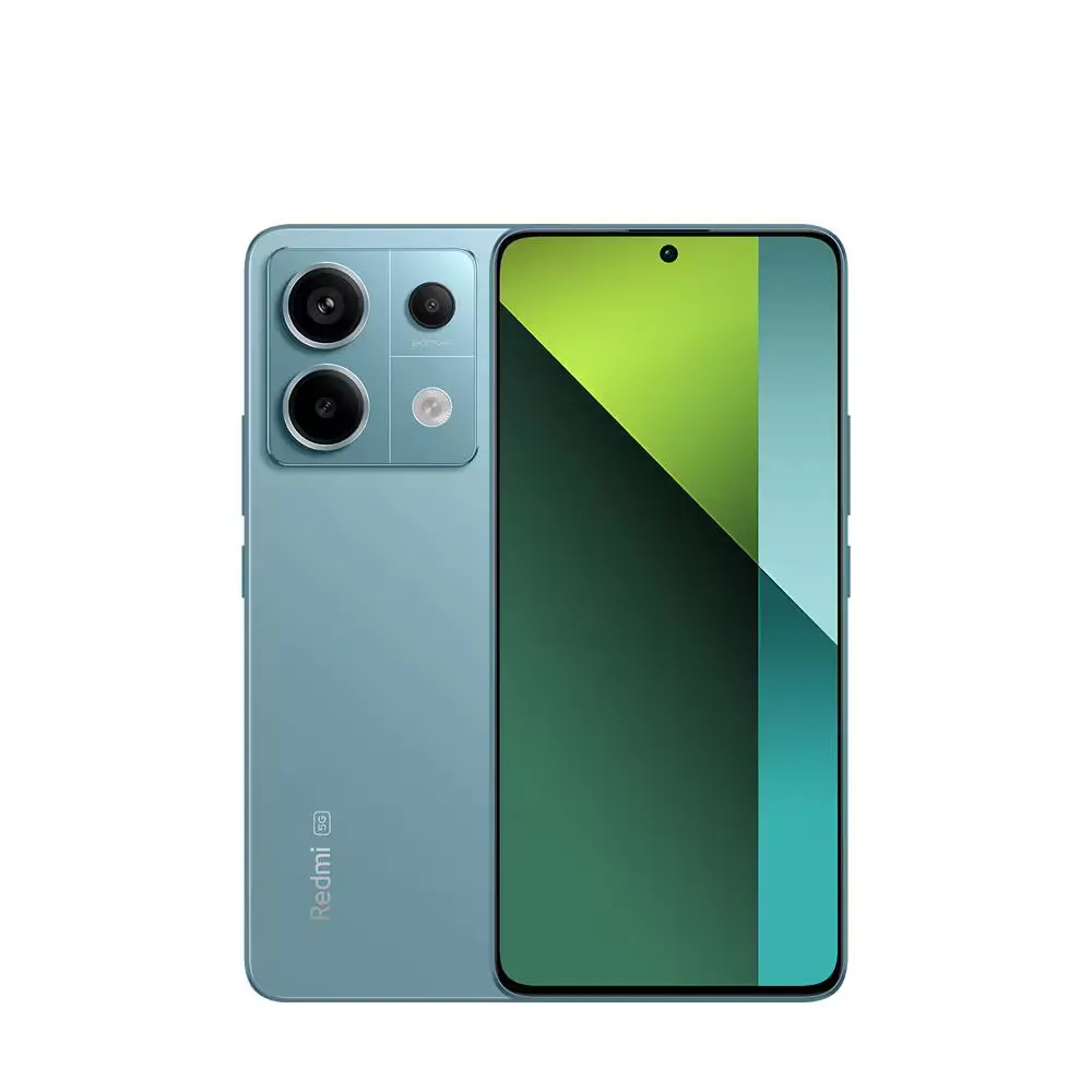 Imagem do Redmi Note 12 em azul, exibindo seu design elegante, tela ampla e módulo de câmera tripla na parte traseira