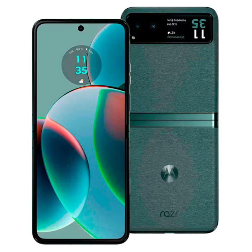 Smartphone Motorola Razr com design dobrável, tela externa funcional e tecnologia de ponta para uma experiência premium.
