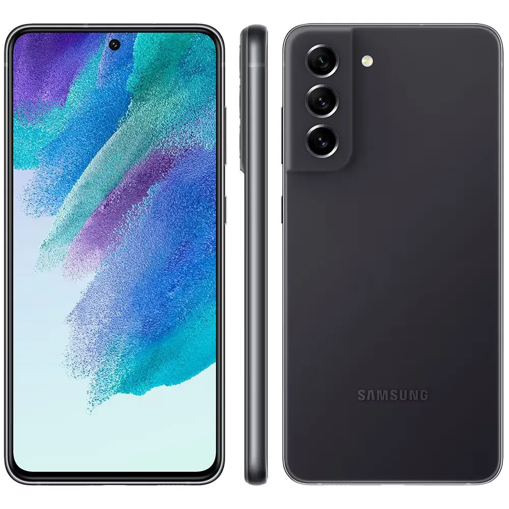 Samsung Galaxy S21 FE na cor preta com design elegante, tela infinita e câmeras traseiras triplas.