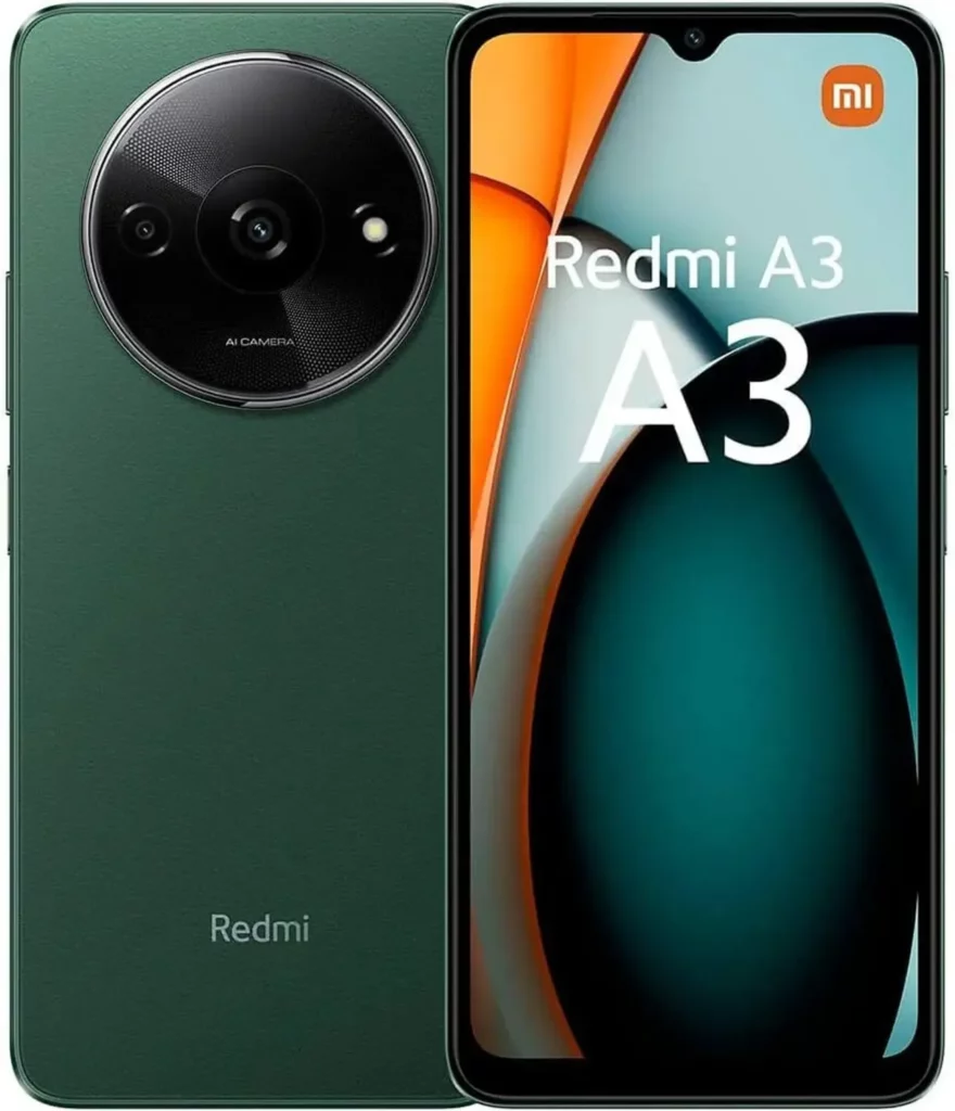 Imagem do smartphone Xiaomi Redmi A3 na cor verde, com módulo circular de câmeras traseiras e tela frontal ampla com notch em formato de gota.