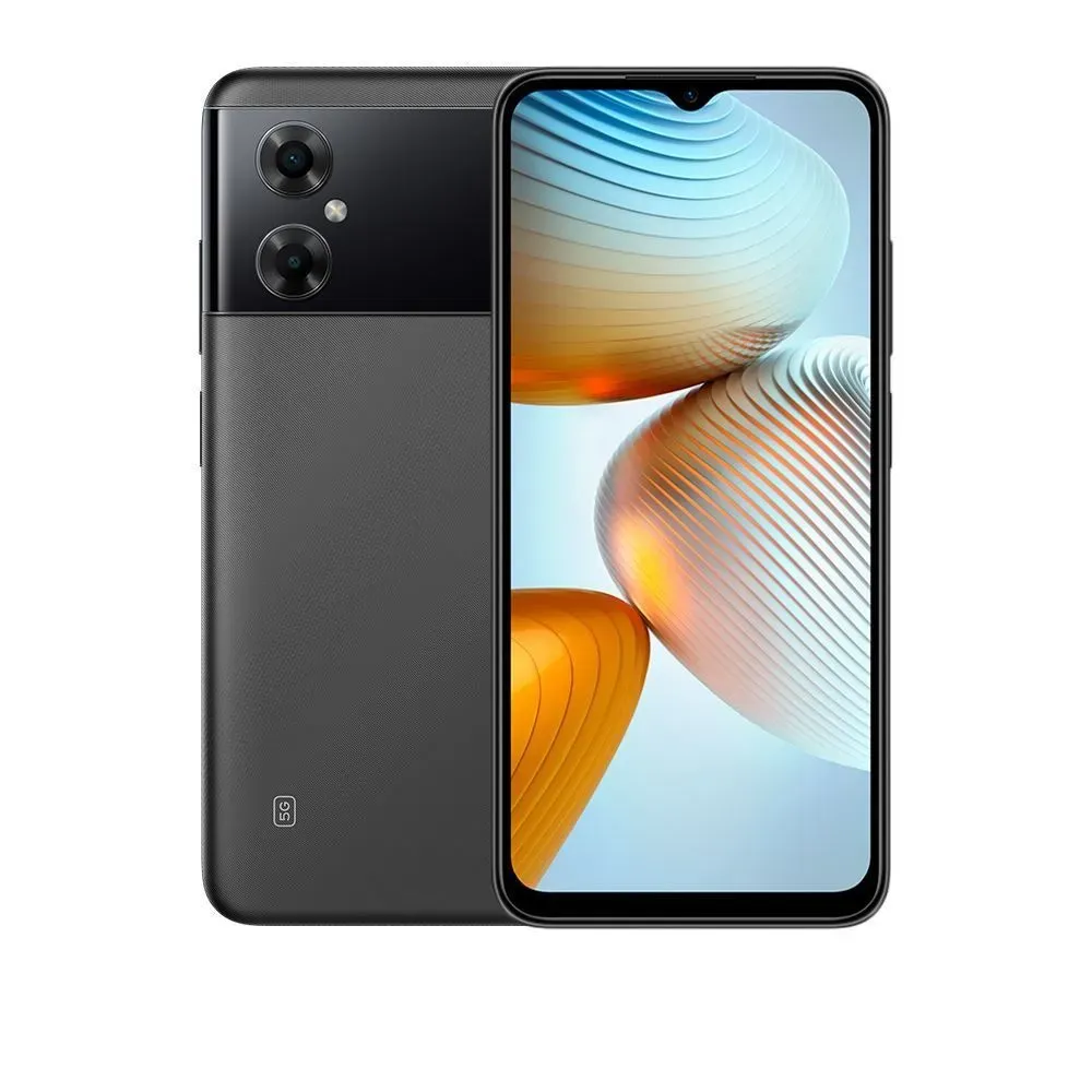 Smartphone Xiaomi preto com módulo de câmera dupla traseira e tela ampla com notch em formato de gota, apresentando conectividade 5G.