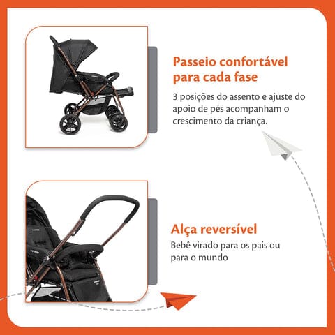Carrinho de Bebê Voyage Choice Preto e Bronze com Alça Reversível e Capota UV Carrinho de Bebê Voyage Choice Preto e Bronze com Alça Reversível e Capota UV