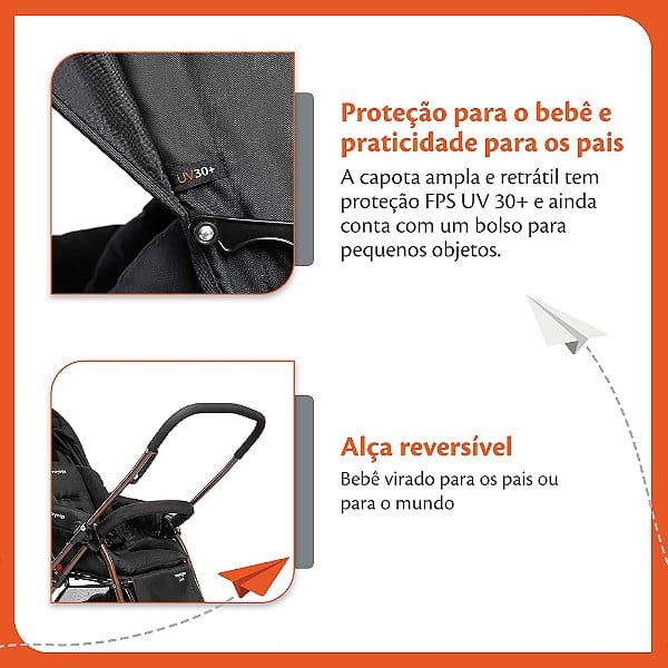 Carrinho de Bebê Voyage Comfort Duo Choice - Preto e Bronze - Reversível, Leve, com Segurança 5 Pontos