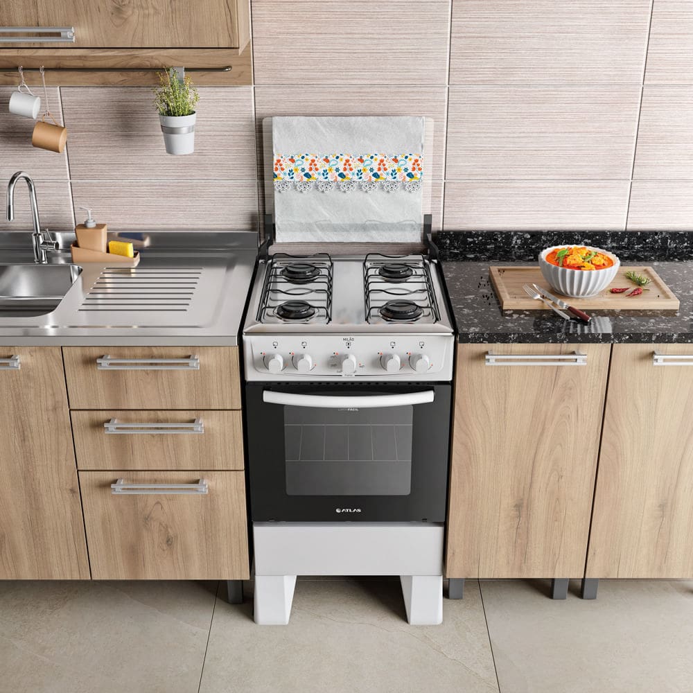 Fogão 4 Bocas Atlas Milão Branco com Mesa Inox Bivolt Fogão 4 Bocas Atlas Milão Branco com Mesa Inox Bivolt