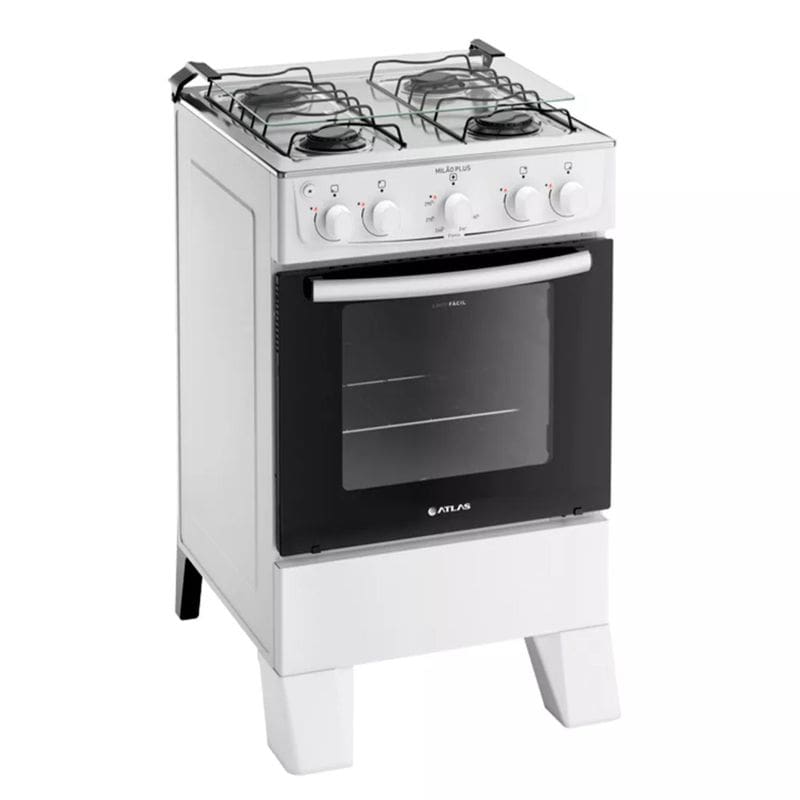 Fogão 4 Bocas Atlas Milão Branco com Mesa Inox Bivolt Fogão 4 Bocas Atlas Milão Branco com Mesa Inox Bivolt