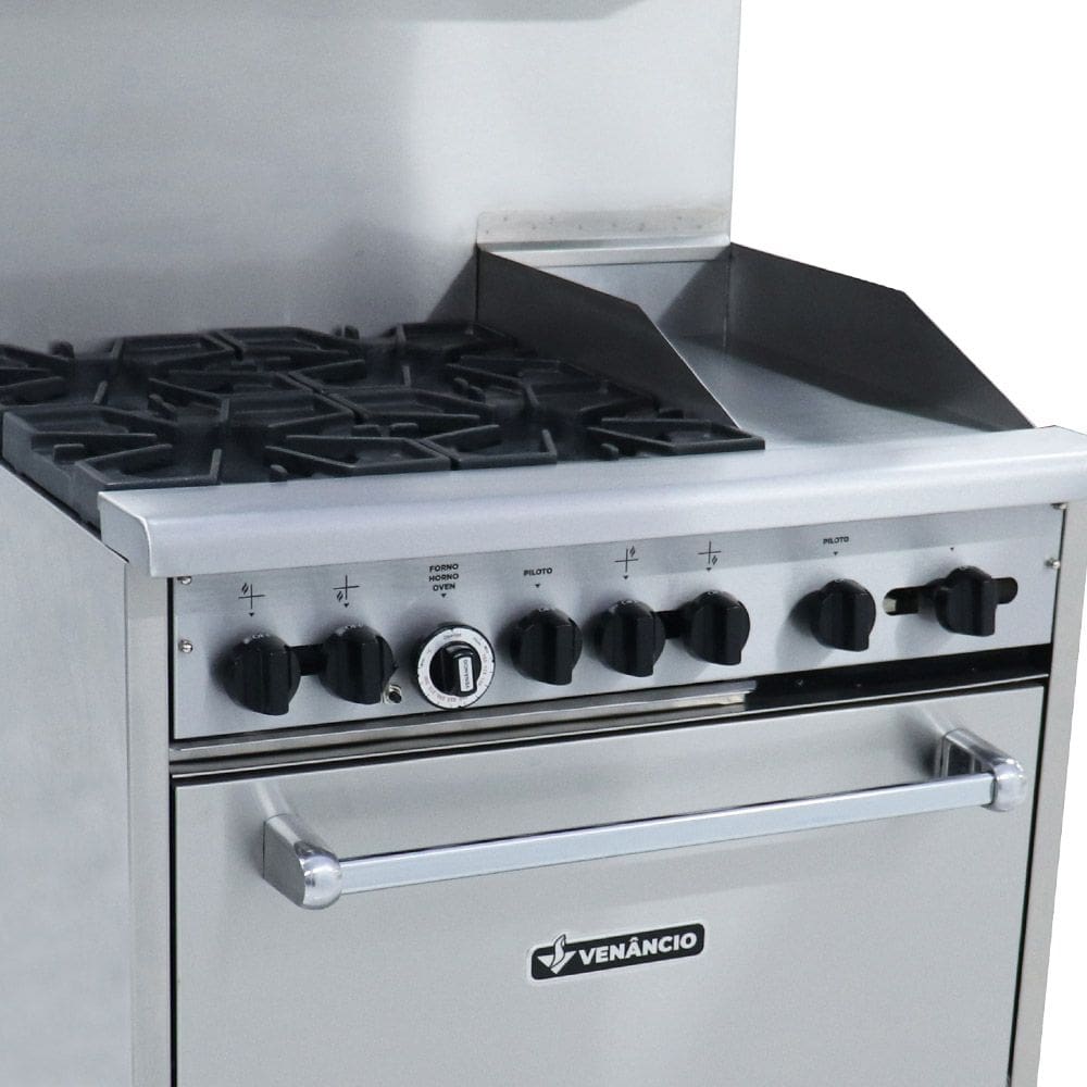 Fogão Americano a Gás Baixa Pressão Venâncio 4 Bocas Inox com Forno e Chapa - FA4FC