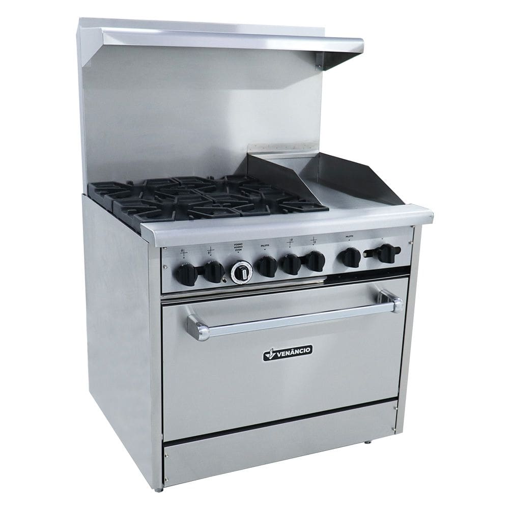 Fogão Americano a Gás Baixa Pressão Venâncio 4 Bocas Inox com Forno e Chapa - FA4FC