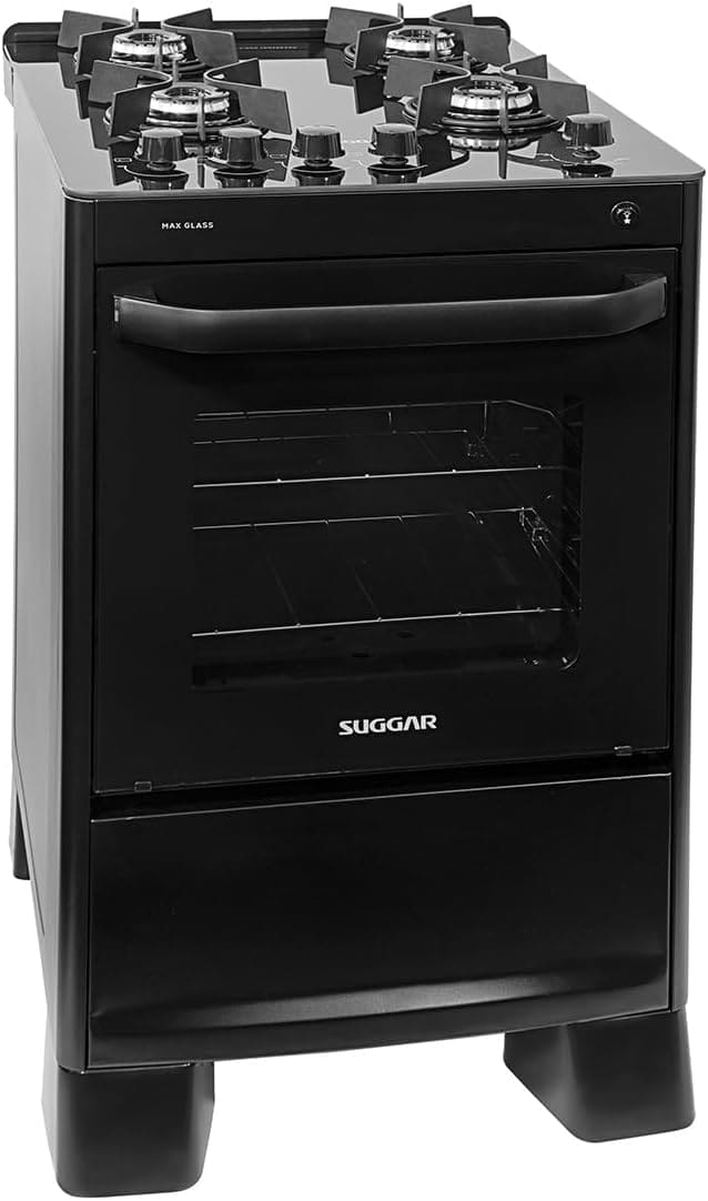 Fogão Suggar Max Glass 4 Queimadores Preto Bivolt - Mesa de Vidro Temperado
