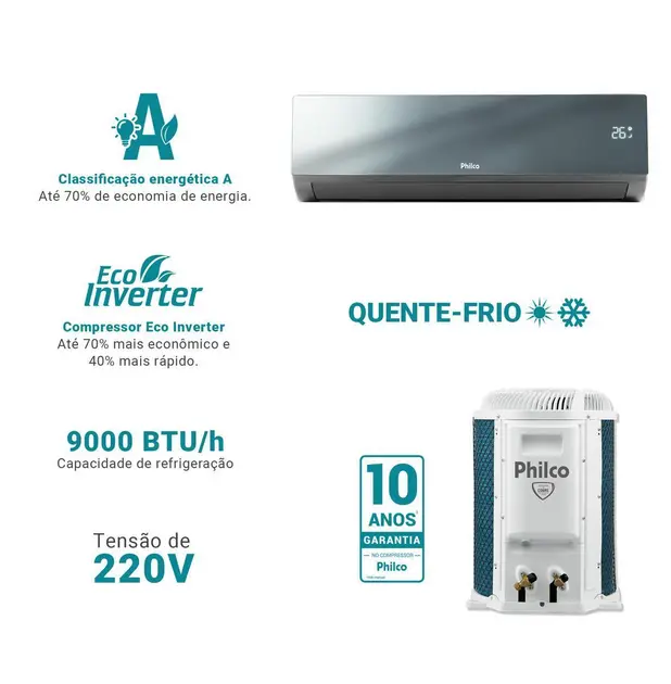 Ar Condicionado Split Philco 9000 BTU Quente/Frio Inverter 220V