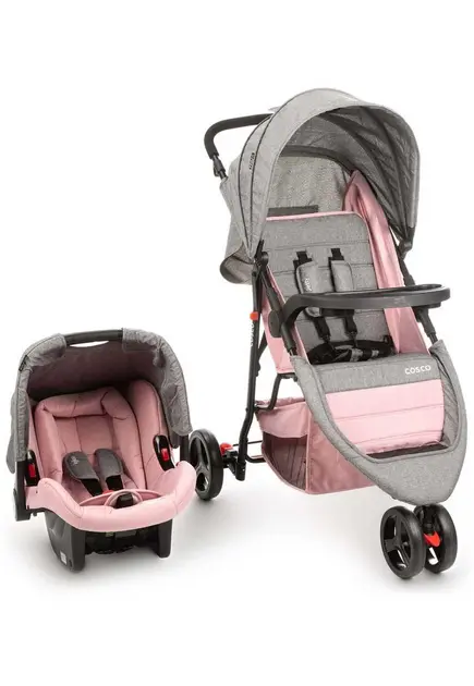 Carrinho de Bebê Conforto Cosco Jetty Rosa com Bandeja e Protetor UV 30+