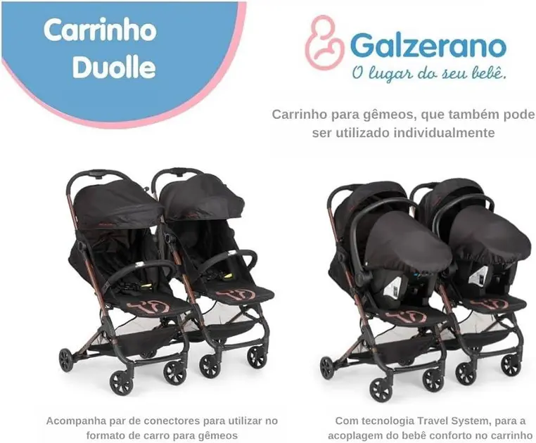 Carrinho de Bebê Galzerano Duolee Gêmeos Preto e Cobre - Praticidade e Conforto