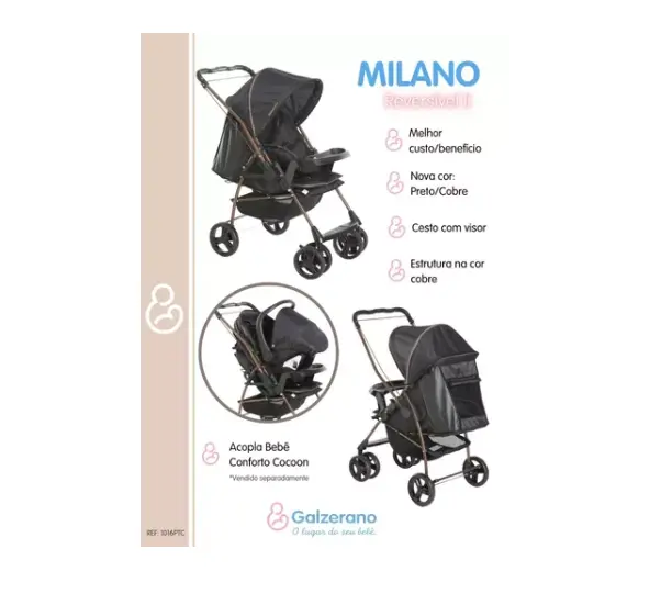 Carrinho de Bebê Galzerano Milano Reversível II Preto e Cobre