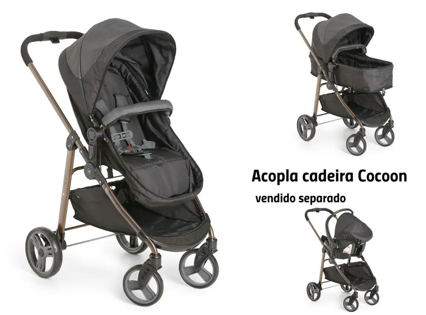Carrinho de Bebê Galzerano Olympus Preto e Cobre - Berço, Passeio e Bebê Conforto