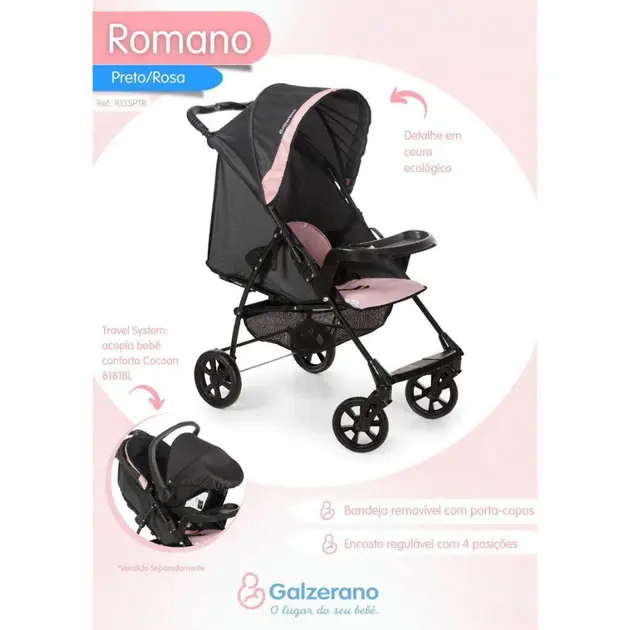 Carrinho de Bebê Galzerano Romano Rosa