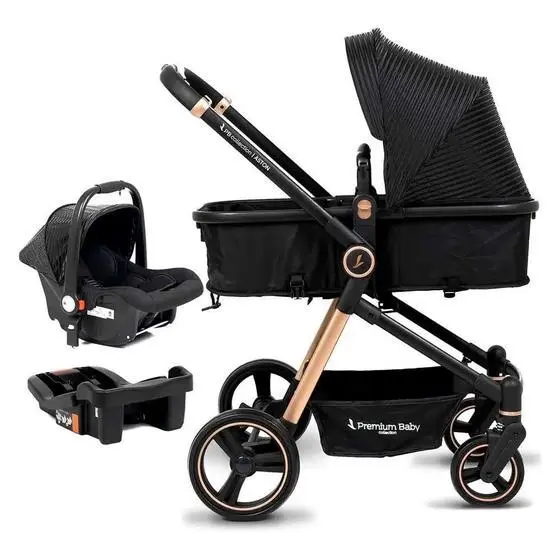 Carrinho de Bebê Premium Baby Bebê Conforto Aston Preto e Gold 3 em 1 Carrinho de Bebê Premium Baby Bebê Conforto Aston Preto e Gold 3 em 1