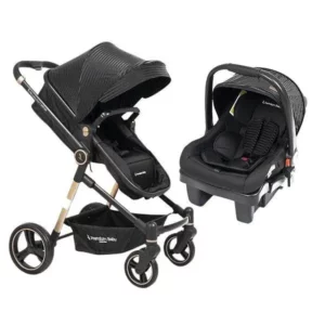 Carrinho de Bebê Premium Baby Bebê Conforto Aston Preto e Gold 3 em 1
