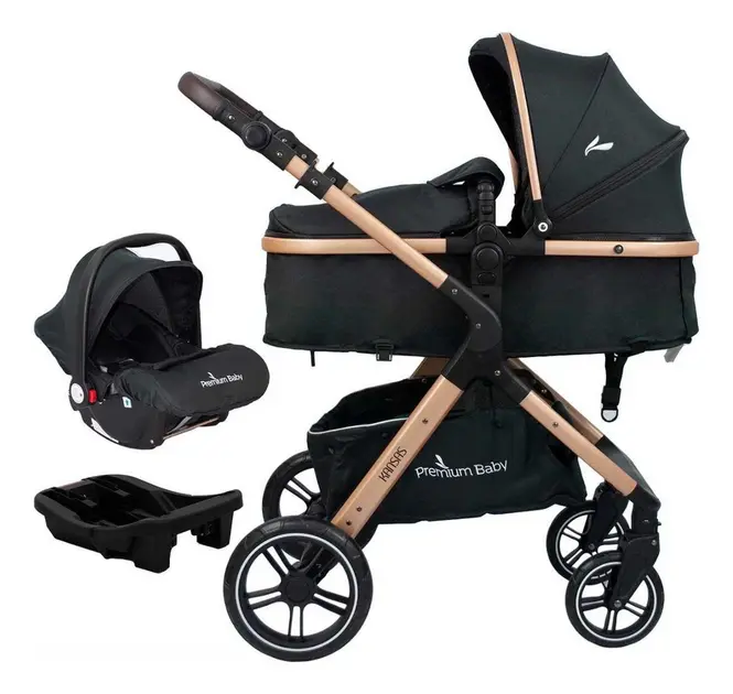 Carrinho de Bebê Premium Baby Kansas Preto e Dourado com Bebê Conforto Carrinho de Bebê Premium Baby Kansas Preto e Dourado com Bebê Conforto