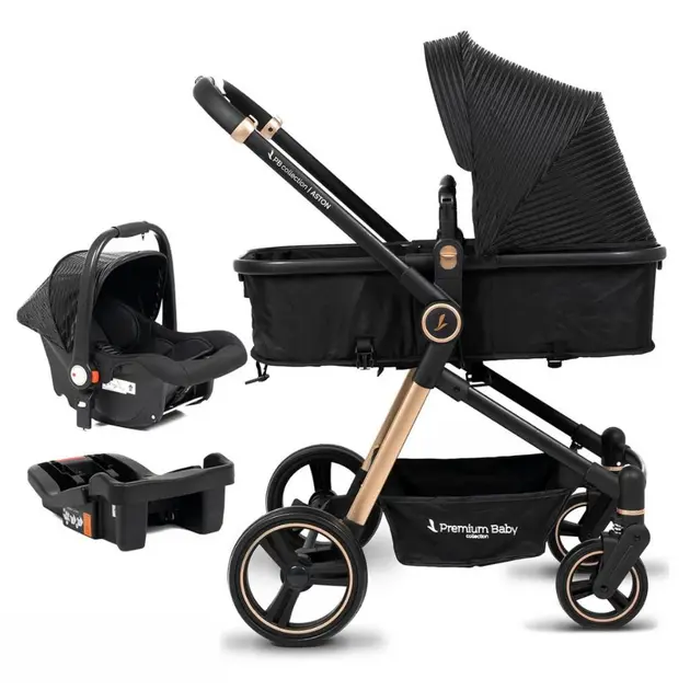 Carrinho de Bebê Premium Baby Kansas Preto e Dourado com Bebê Conforto Carrinho de Bebê Premium Baby Kansas Preto e Dourado com Bebê Conforto