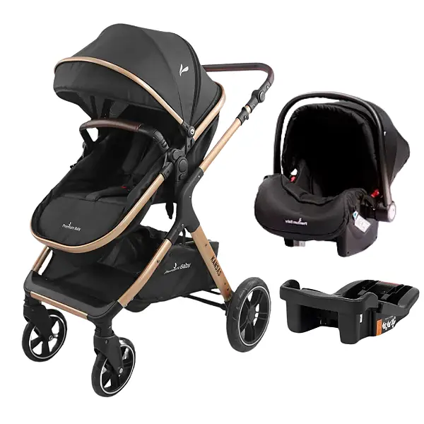 Carrinho de Bebê Premium Baby Kansas Preto e Dourado com Bebê Conforto Carrinho de Bebê Premium Baby Kansas Preto e Dourado com Bebê Conforto