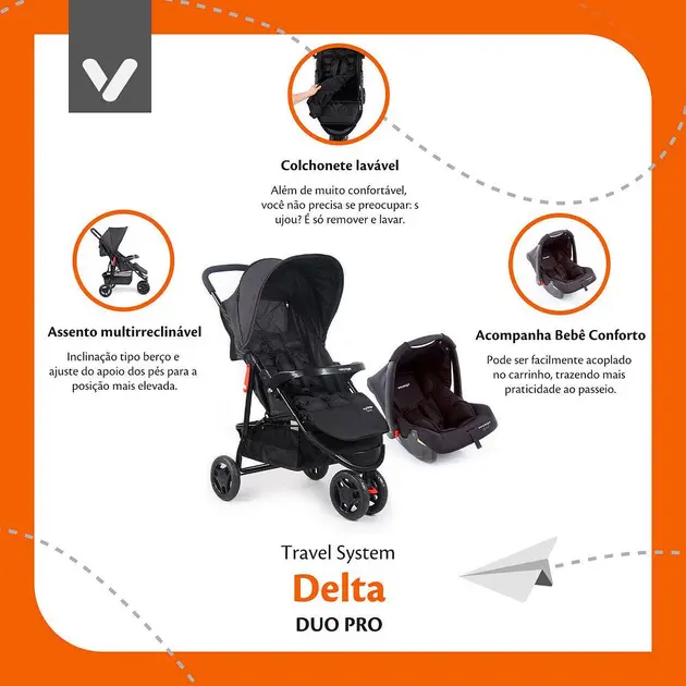 Carrinho de Bebê Voyage Bebê Conforto Delta Duo Preto Cax33346