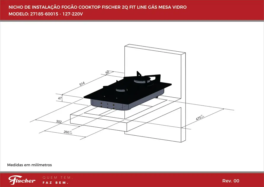 Cooktop 2 Bocas Fischer Fit Line – Gás Bivolt – 27185-60015 – Vidro Preto Cooktop 2 Bocas Fischer Fit Line - Gás Bivolt - 27185-60015 - Vidro Preto
