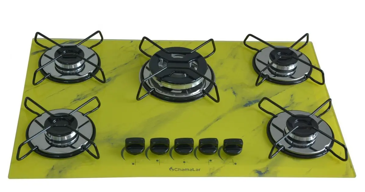Cooktop 5 Bocas Chamalar Amarelo – Tripla Chama – Gás Bivolt Cooktop 5 Bocas Chamalar Amarelo - Tripla Chama - Gás Bivolt