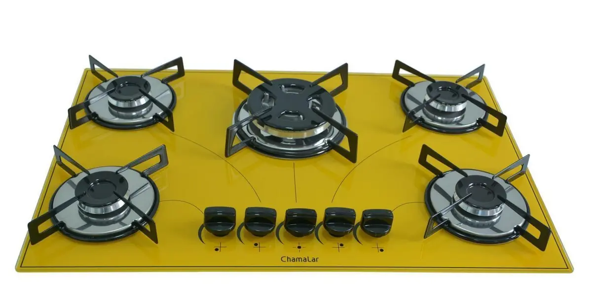 Cooktop 5 Bocas Chamalar Amarelo – Tripla Chama – Gás Bivolt Cooktop 5 Bocas Chamalar Amarelo - Tripla Chama - Gás Bivolt