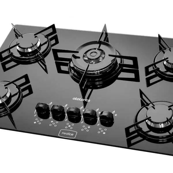 Cooktop 5 Bocas Realce Atalanta Preto – Tripla Chama – Gás Bivolt Cooktop 5 Bocas Realce Atalanta Preto - Tripla Chama - Gás Bivolt
