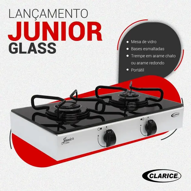 Fogão de Mesa 2 Bocas Portátil a Gás Clarice Júnior Glass Branco 30cm
