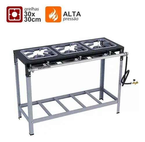 Fogão Industrial Metalmaq Stori Max Inox 3 Bocas Bivolt 30x30cm Alta Pressão