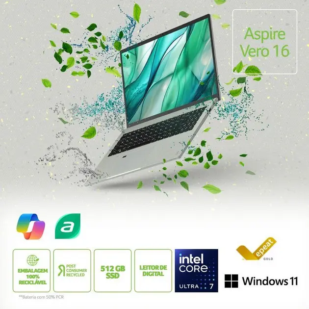 Notebook Acer Vero AV16-51P-75RD 16GB 512GB SSD Intel Core Ultra 7 15,6″ Notebook Acer Vero AV16-51P-75RD 16GB 512GB SSD Intel Core Ultra 7 15,6